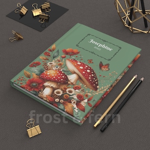 Mushroom Journal, Mushroom Personalized Name Notebook, Custom Cottagecore Planner, Hardcover A5  Health, Manifestations, Dreams, Witchy