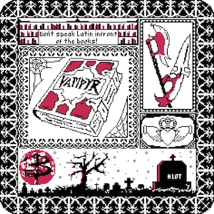 May include: Black and white pixel art illustration with a gothic theme. Features a book titled "VAMPYR", weapons, a graveyard, and the text "Don't speak Latin in front of the books!"