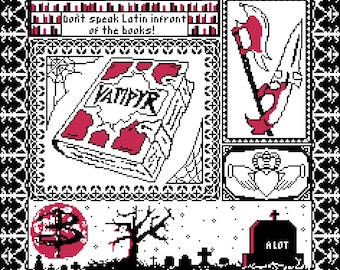May include: Black and white pixel art illustration with a gothic theme. Features a book titled "VAMPYR", weapons, a graveyard, and the text "Don't speak Latin in front of the books!"