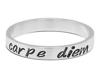 Carpe diem ring in sterling silver personalized gift for mom- Custom engraved rings with message or quote best mom jewelry with kids name