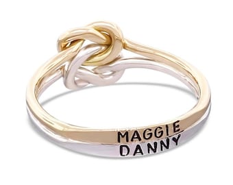 Two tone engraved name love knot ring in 14k gold and sterling silver personalized wedding engagement ring or promise ring for her