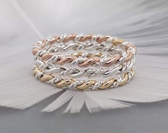 Bague torsadée bicolore : anneau corde en argent sterling et gold filled