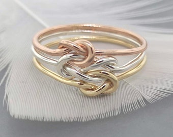 Mother daughter rings in 14k gold and sterling silver - Triple Celtic love knot ring Mothers Day gifts for mom - Unique mixed metal ring