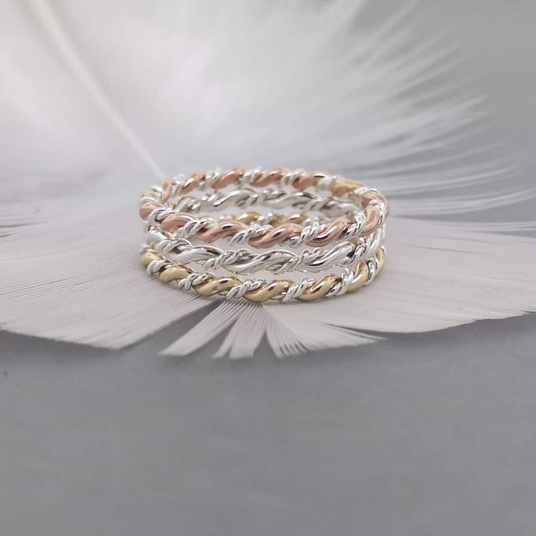 Two-tone Twisted Ring: Sterling Silver & Gold-filled Rope Stacking Ring ...