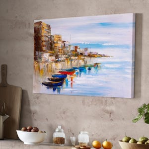 Mykonos Port Canvas Wall Art, Large Wall Art Modern Canvas Wall Decor, Regional Canvas Wall Decor, Housewarming Gift Framed Canvas Wall Art