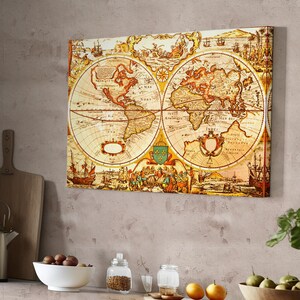 Vintage Retro World Map Painting, Modern Canvas Wall Decor,  Canvas Room Decor,  Large Wall Hanging,  Framed Canvas Wall Art
