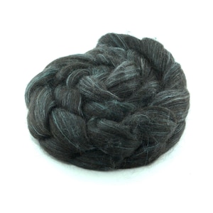 Hand Painted 80/20 Black Alpaca Mulberry Silk Combed Top, Charcoal and Sage Grey, 4 oz