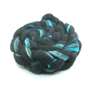Hand Painted 60/40 Black BFL Tussah Silk Combed Top, Charcoal, Slate Grey and Turquoise, 4 oz