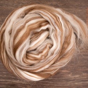 May include: A coiled bundle of unspun wool roving featuring a variegated color palette of warm tan, light brown, and creamy white fibers. The soft, fluffy material is arranged in a circular spiral pattern with loose ends extending to the right.