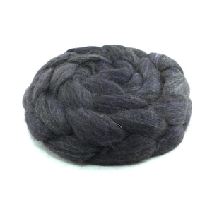 Hand Painted 80/20 Black Alpaca Mulberry Silk Combed Top, Charcoal, Dusky Plum and Soft Grey, 4 oz