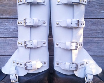 Taller Swiss Military Style Gaiters or Spats in White Nubuck Leather w Nickel Hardware