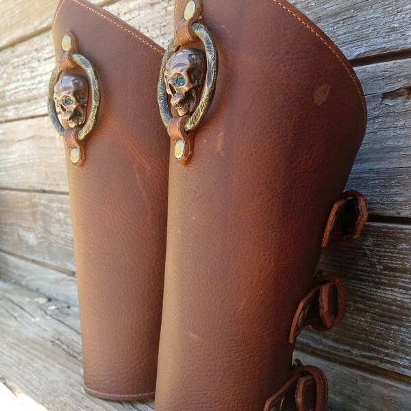 Oiled Brown Bracer Pair Armor Antiqued Copper Skull w Green Swarovski Crystal Eyes and Etched Antiqued Brass Ring