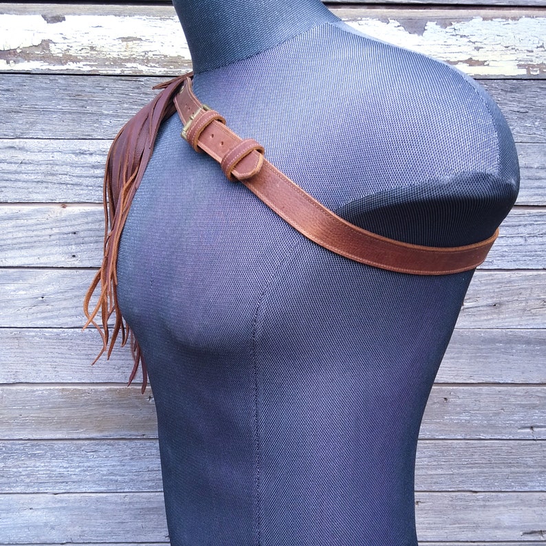 Primitive Feathered Brown Leather Unisex Right Shoulder Harness with Antiqued Brass Hardware