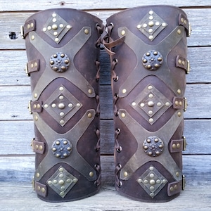 Darker Brown & Olive Green Leather Shin Guards, Shinguards, Greaves or Gaiters