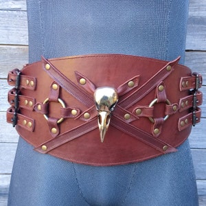 Primitive Tribal Brown Leather Wide Belt w Raven Skull and Antiqued Brass Hardware