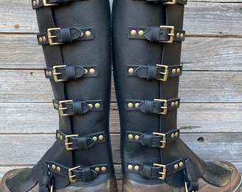 Tallest Swiss Military Style Gaiters or Spats in Oiled Black Leather w Antiqued Brass Hardware
