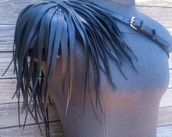 Primitive Feathered Black Leather Unisex Right Shoulder Harness with Nickel Hardware