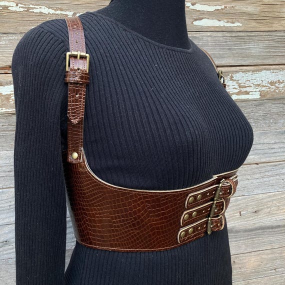 Buy Faux Croc Leather Underbust Harness: Brown Suspender  display picture 3