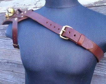 Primitive Viking Brown Leather Unisex Right Shoulder Skull Harness with Brass Hardware