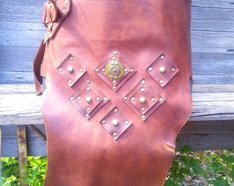 Primitive Tribal Brown Leather Wide Belt w Vintage Ethiopian Shield and Antiqued Brass Hardware