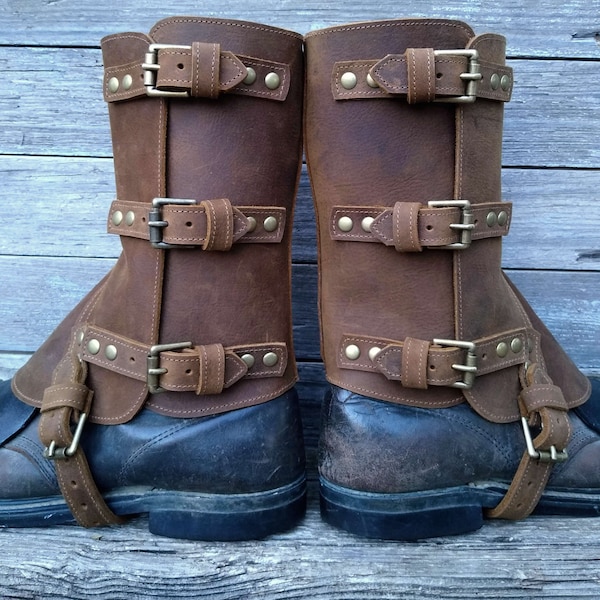 Swiss Military Style Gaiters or Spats in Oiled Brown Leather w Antiqued Brass Hardware