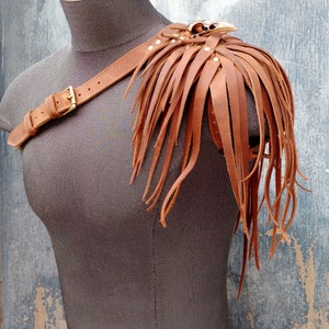 Primitive Feathered Oiled Brown Leather Unisex Left Shoulder Harness with Brass Raven Skull