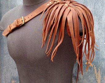 Primitive Feathered Oiled Brown Leather Unisex Left Shoulder Harness with Brass Raven Skull