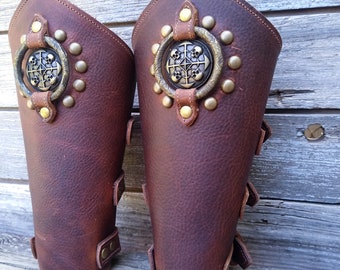 Oiled Brown Leather Peaked Bracers or Gauntlets with Antiqued Brass Hardware Primitive Ring Spots Skull Concho