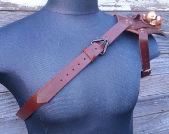 Primitive Viking Brown Leather Unisex Left Shoulder Skull Harness with Copper Hardware