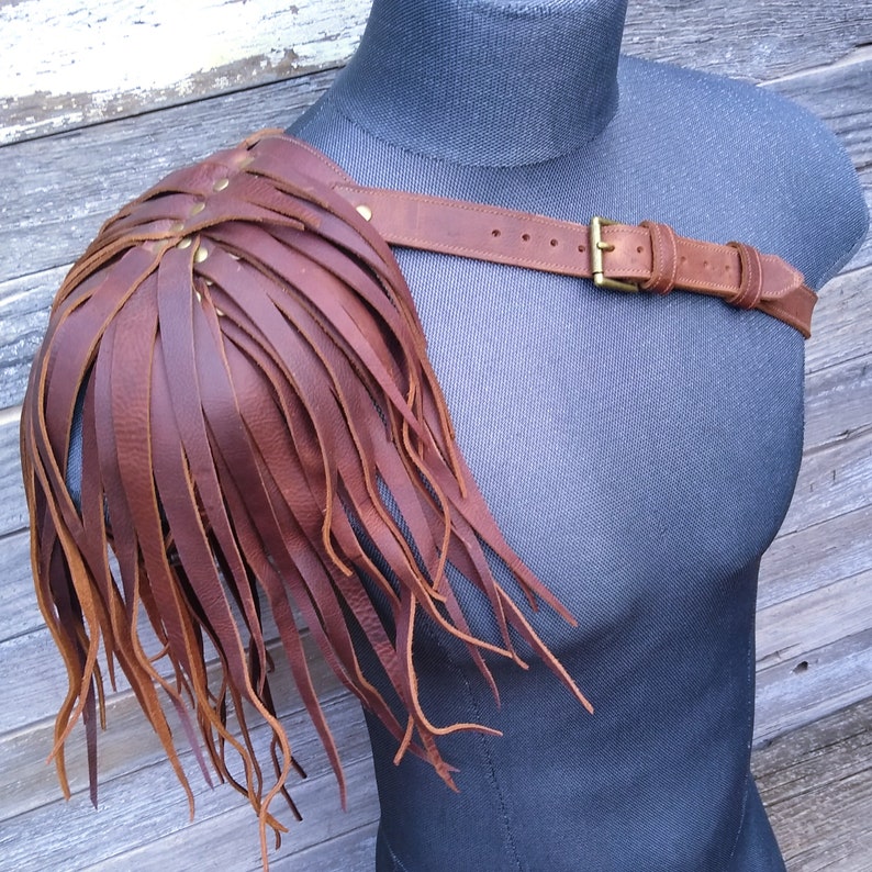 Primitive Feathered Brown Leather Unisex Right Shoulder Harness with Antiqued Brass Hardware