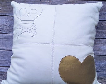 Natural Leather Applique Skull and Muted Gold Heart Pillow
