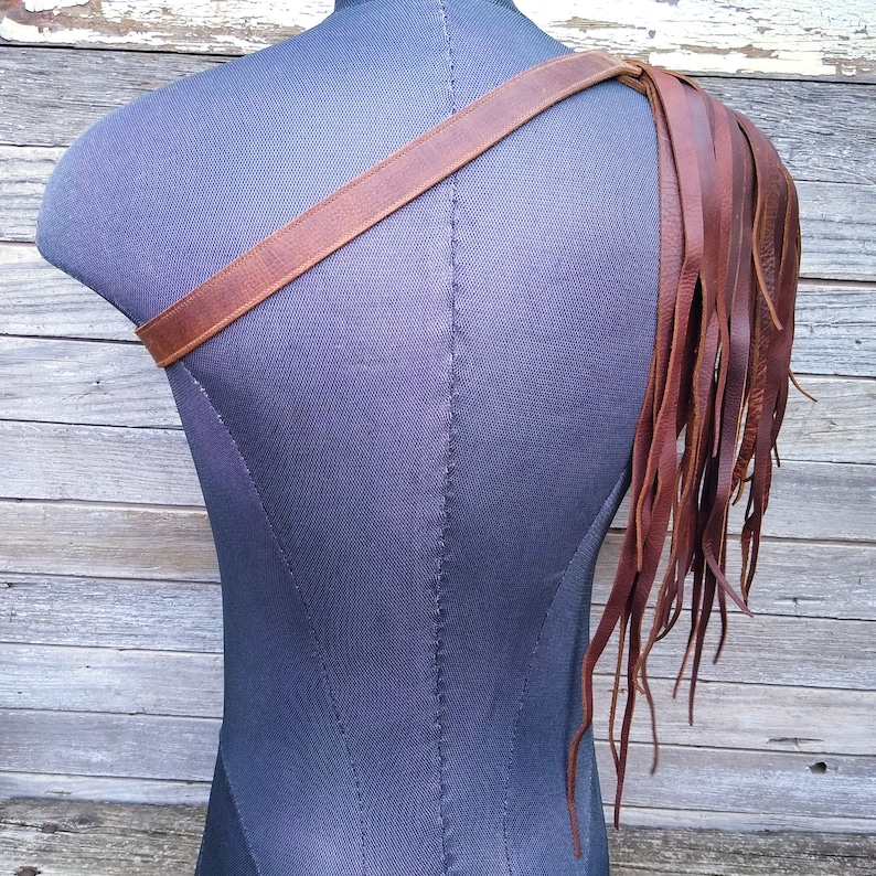 Primitive Feathered Brown Leather Unisex Right Shoulder Harness with Antiqued Brass Hardware