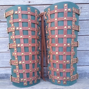 Brown and Green Woven Leather Shin Guards, Shinguards, Greaves or Gaiters