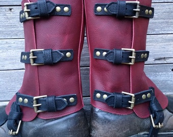 Swiss Military Style Gaiters or Spats in Oiled Dark Red Leather w Black Leather Accent and Antiqued Brass Hardware