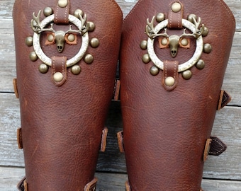 Brown Bracer Pair Armor Ren Faire SCA with Antiqued Brass Deer Skull and Incised Antiqued Brass Ring & Spots