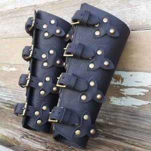 Black Leather Bracers with Top Straps, Scales and Antiqued Brass Hardware image 1