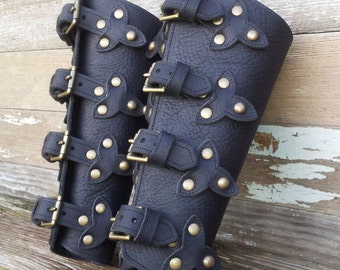 Black Leather Bracers with Top Straps, Scales and Antiqued Brass Hardware