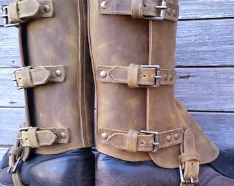 Swiss Military Style Gaiters or Spats in Fully Leather Lined Desert Sand Leather w Antiqued Brass Hardware