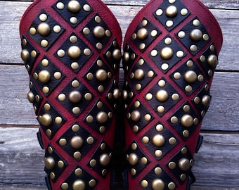 Primitive Oiled Red and Black Leather Peaked Bracers with Antique Brass Hardware