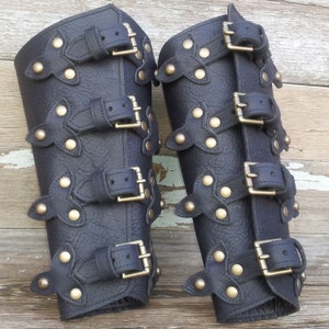 Black Leather Bracers with Top Straps, Scales and Antiqued Brass Hardware image 5