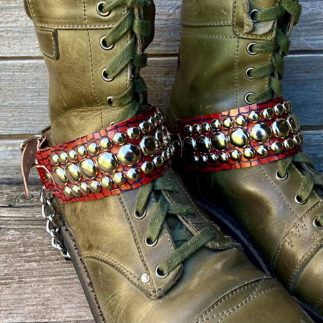 Red & Blue Leather Bootstraps: Nickel Domed Spots, Two Sizes - Etsy