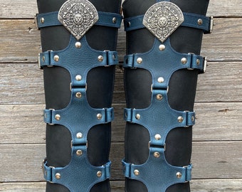 Black and Blue Leather Shin Guards, Gaiters with Nickel Hardware and Lionheart Shield