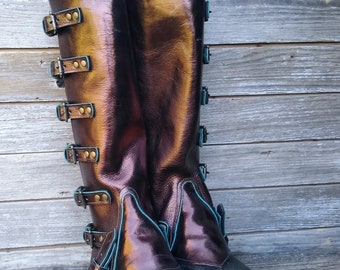 Tallest Swiss Military Style Gaiters or Spats in Metallic Bronze Leather w Primitive Edges and Antiqued Brass Hardware