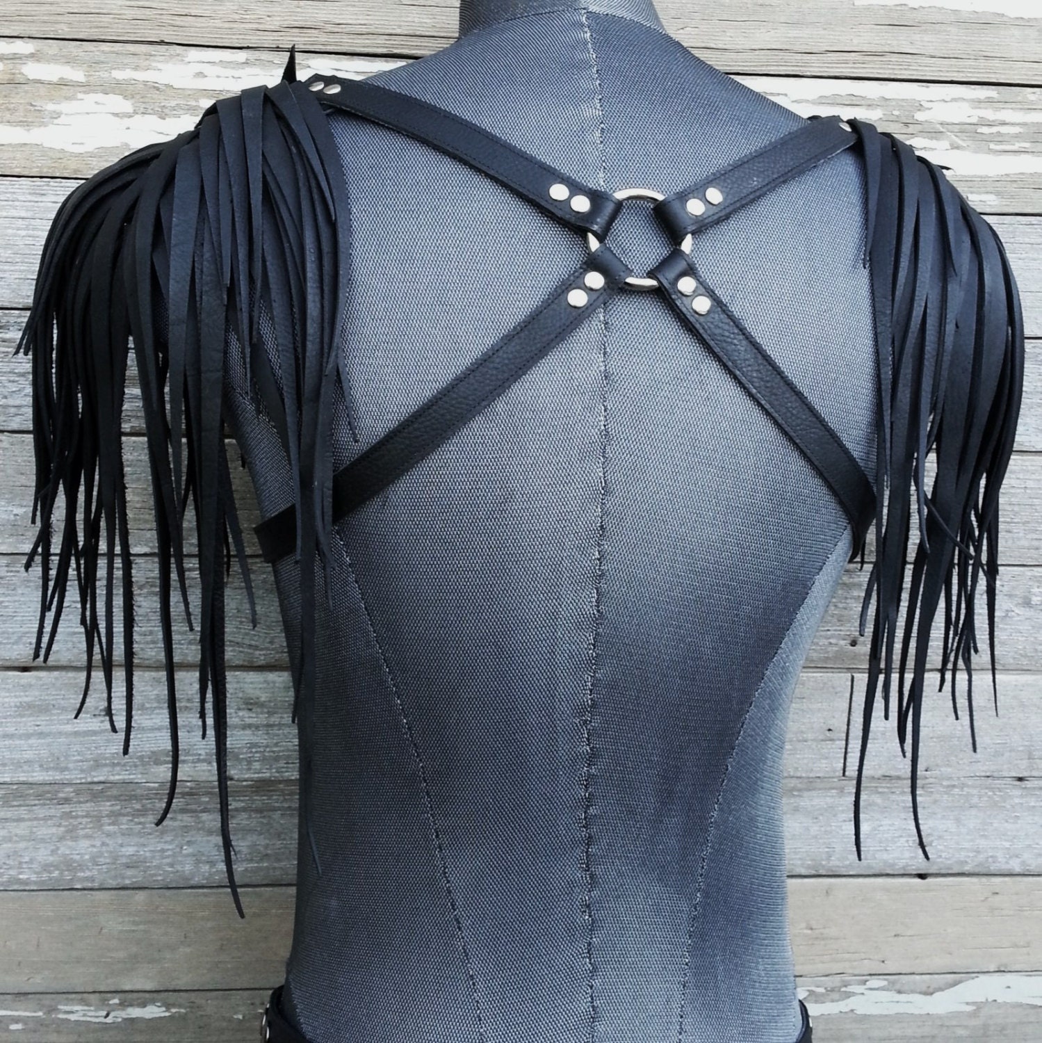 Primitive Feathered Black Leather Unisex Harness with Nickel | Etsy