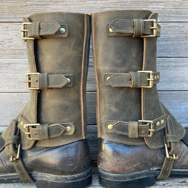 Swiss Military Style Gaiters or Spats in Fully Leather Lined Brown Leather w Antiqued Brass Hardware