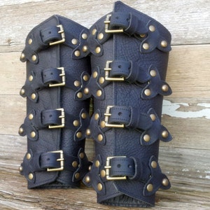 Black Leather Bracers with Top Straps, Scales and Antiqued Brass Hardware image 4