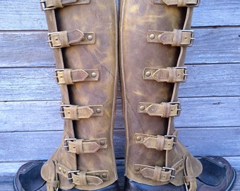 Tallest Swiss Military Style Gaiters or Spats in Desert Sand Lined Leather w Antiqued Brass Hardware