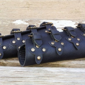 Black Leather Bracers with Top Straps, Scales and Antiqued Brass Hardware image 2