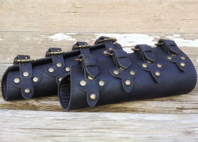 Black Leather Bracers with Top Straps, Scales and Antiqued Brass Hardware image 2