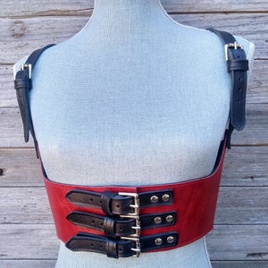 Women&#39;s Red and Black Leather Under Bust Suspender Harness Vest with Nickel Hardware